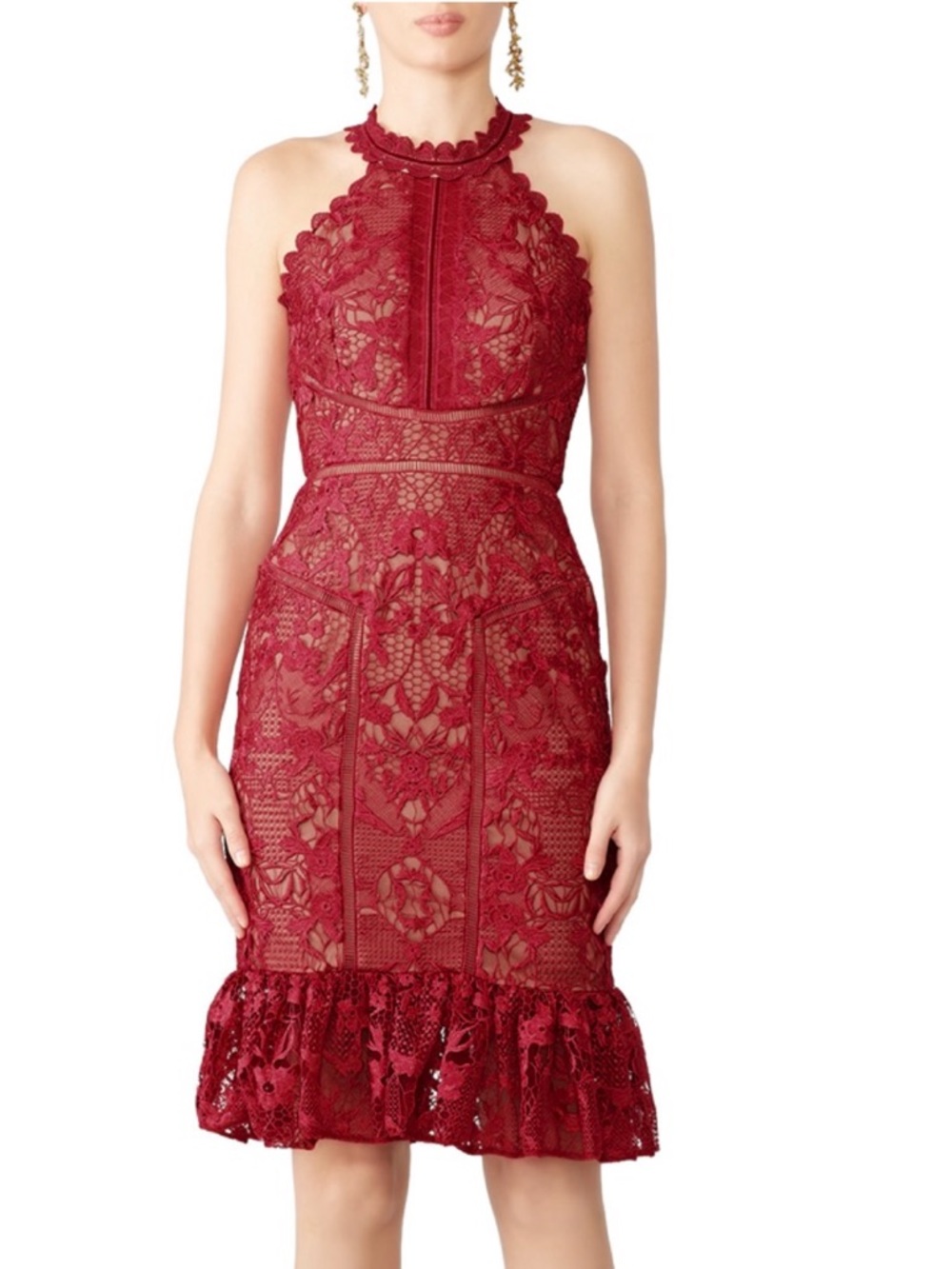 Marchesa Notte Red Lace Halter Midi Dress